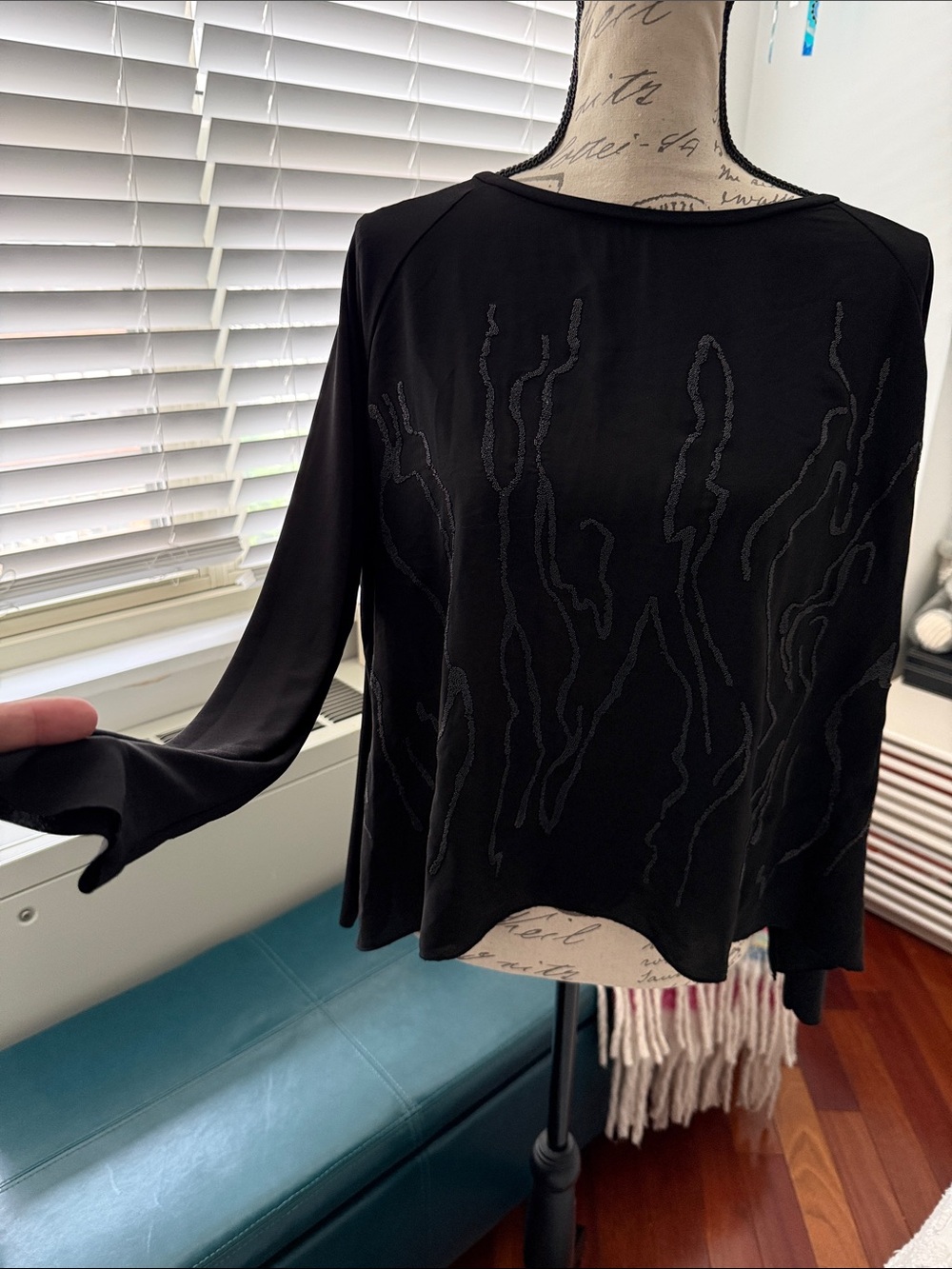Zara Black Long-Sleeve Beaded Detail Top